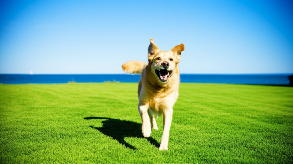 Happy dog in a clean sunny yard enjoying the summer, part of Lawn Scoopers' summer special